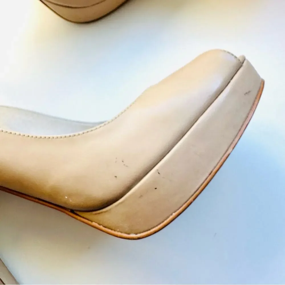 MICHAEL KORS Nude Beige Tan Leather Peep Toe Slingback 5” Heel Pumps Shoes 7 - Picture 13 of 16